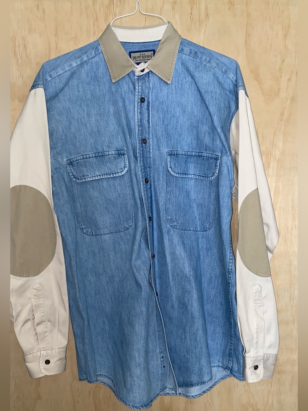 Ruff Hewn Light Blue Denim Shirt with Cream Sleeves and Tan Collar